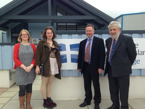 Marcia Galvin (HE student of the year), Molly Peterkin-Tracey (FE student of the year), Willie Shannon (interim joint principal) and Peter Campbell (Shetland College board chairman).