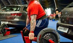 Dhanni Moar competing in the Car Deadlift category, in Belfast on Sunday.