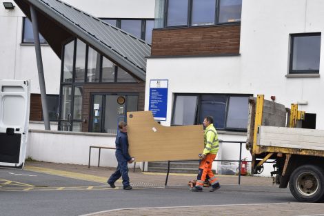 Desks being moved out of the North Ness offices on Tuesday lunchtime. Photo: Andrew Gibson/Millgaet Media