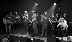 Sharon Shannon enjoying the thrill of sharing the stage with her band and a cast of Shetland fiddlers. Photo: Dale Smith