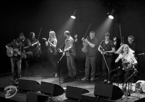 Sharon Shannon enjoying the thrill of sharing the stage with her band and a cast of Shetland fiddlers. Photo: Dale Smith