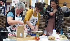 Marjolein Robertson follows a demonstration by Margaret Williamson, from Lunna Farm, and her granddaughter Kirsten Williamson, of how to make sheep's puddings - all photos: Elizabeth Atia.