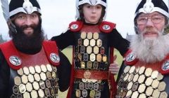 Lerwick guizer jarl for 2032 Gary Smith with his son Jackson and dad Willie.