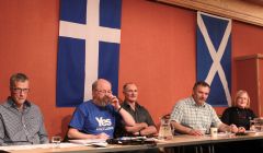 Chaired by Andrew Halcrow (centre) Dennis Leask and Brian Nugent (left) spoke for the notion while Gary Robinson and Helen Erwood opposed it - Photo: Hans J Marter/ShetNews