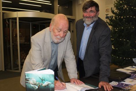 Bobby the Birdman editors Mike McDonnell (left) and Jonathan Wills during the book signing at Mareel on Sunday evening. Photo: Shetland News/Hans J Marter.