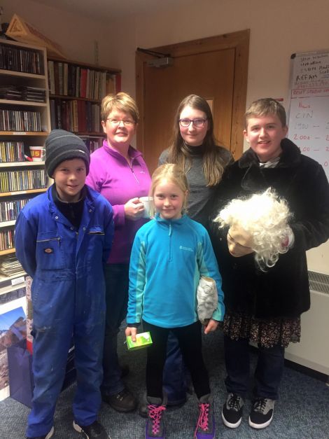 The Eid guizers, who raised over £900: Sophie Bain, Ewen Johnston, Frances Moffat, Ailidh Moffat and Peter Nicolson. Photo: BBC Radio Shetland.