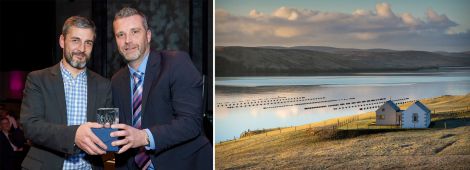 Richard Gibson Architects director Adrian Wishart (left) with the company's IAA award. Right, the renovated Muckle Roe Chapel. Photo: Brian Gray