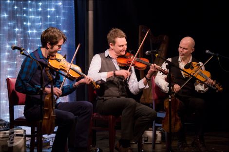 Nordic Fiddlers Bloc, including Kevin Henderson (centre), again proved a class act at the Carnegie Hall in Sandwick on Sunday afternoon. Photo: Dale Smith