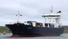 The NorthLink cargo vessel Hildasay arriving at Lerwick harbour.