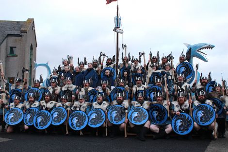 The jarl's squad gathers for the photo session in the centre of the village.