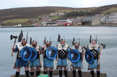 Five former Scalloway guizer jarls joined Victor Laurenson (left) in his squad: Michael Pottinger (2010), Alistair Fullerton (2002), Ronnie Leask (1995), Alex Fullerton (1989) and Brian Smith (1982)