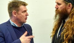 Faroese prime minister Askel Johannesen meets Lerwick guizer jarl Lyall Gair - Photo: Chris Brownl