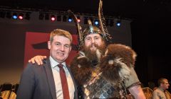 Faroese prime minister Aksel Johannesen exploring his Viking roots with guizer jarl Lyall Gair.