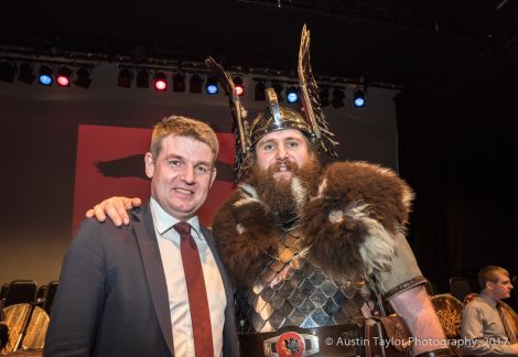 Faroese prime minister Aksel Johannesen exploring his Viking roots with guizer jarl Lyall Gair.