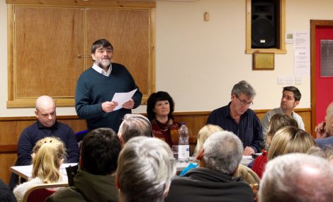 Jonathan Wills speaking at the latest Althing debate as Ryan Thomson (left), chairwoman Karen Fraser (centre), Donald Murray (second from right) and Thor Holt (right) look on. Photo: Yetti Biscuit