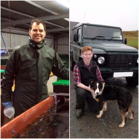 Left: John Blance working at the lumpsucker fish hatchery at the NAFC Marine Centre (photo courtesy of NAFC), and right: Jakob Eunson with border collie Jack (photo courtesy of Train Shetland).