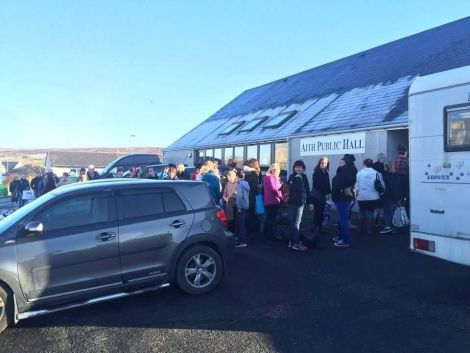 A queue formed outside Aith Hall on Sunday afternoon.