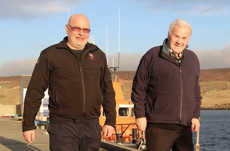 Current Aith lifeboat coxswain Hylton Henry (left) with former crew member Frank Johnston who was involved in the rescue of the 12 men from the Juniper - Photo: Hans J Marter/Shetland News