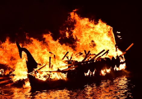 The galley being sacrificed to the flames at the Ayre of Urafirth - Photos; Mark Berry