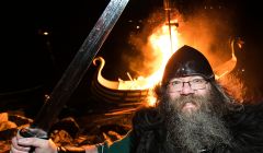 Cullivoe Up Helly Aa guizer jarl Mark Lawson thoroughly enjoying himself at the burning on Friday night - Photo: Garry Sandison