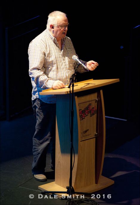 Lawrence regaling the audience at Mareel during Fiddle Frenzy last August. Photo: Dale Smith.