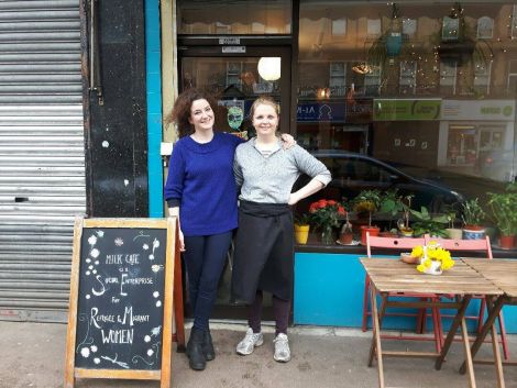 Gabby Cluness, who grew up on Shetland's West Side, outside Milk Cafe which she runs with business partner Angela Ireland (right).