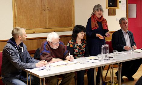 Speakers Richard Forbes Chris Bunyan, Barbara Dinnage and Donald Murray often had to support a motion which they perhaps did not personally agree with. the debate was chaired by Karen Fraser - Photo: Yetti Biscuit/Shetland News