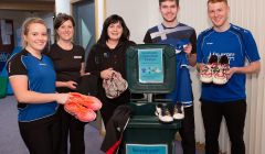 Members of Shetland's sports community join sport and physical activity coordinator Lesley Spence to donate their items at Clickimin’s recycle point. From left: Claire Morris, Aimee Keith, Lesley Spence, Tom Jamieson and James Aitken. Photo: Shetland Islands Council.