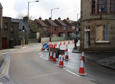 Roadworks are in place while the SIC installs traffic calming measures in Lerwick town centre. Photo: Shetland News / Chris Cope