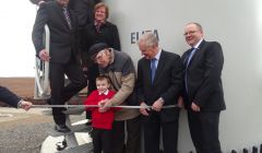 The ribbon was cut by five-year-old Mark Henry and Andy Gear, 83, one of the youngest and one of the oldest residents of North Yell.