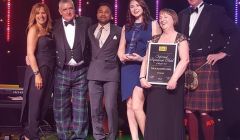 Celebrating another award for Scalloway Hotel are (left to right): TV presenter Carol Smilie, owner Peter Mackenzie, Scalloway Hotel employees Akshay Borges and Adel Smith, owner Caroline Mackenzie and author Roddy Martine.