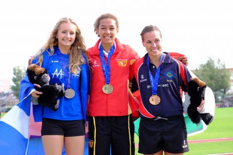 In Jersey in 2015, Shetland track athlete Emma Leask (left) took silver medal in the Women’s 400 metre race, with Catherine Reid from the Isle of Man (centre) taking the gold medal, and Mikaela Harrison (right) taking bronze. Photo: SIGA