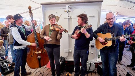 Live music on board the Statsraad Lehmkuhl on Friday afternoon. Photo: Chris Brown.