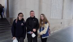 AHS S3 pupils Holly Mouat and Carys Nield pictured with history teacher John Sandison at Menin Gate, Ypres during last month's trip.