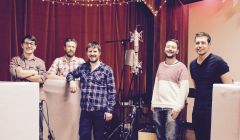 Vair pictured at Carnegie Hall after wrapping up recording. From left: Erik Peterson, sound engineer Tim Matthew, Ryan Couper, Lewie Peterson and Jonny Polson.