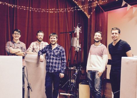 Vair pictured at Carnegie Hall after wrapping up recording. From left: Erik Peterson, sound engineer Tim Matthew, Ryan Couper, Lewie Peterson and Jonny Polson.