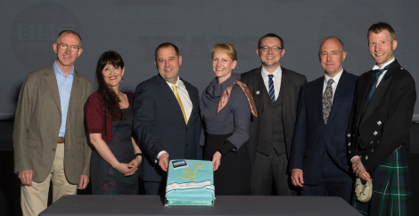 Radio Shetland team with senior BBC management (left to right): Sandy Bremner, managing editor Northeast and Northern Isles, Jane Moncrieff, John Johnston, Donalda MacKinnon, BBC Scotland director, Daniel Lawson, Mike Grundon and Richard Forbes - Photo: Malcolm Younger/Millgaet Media