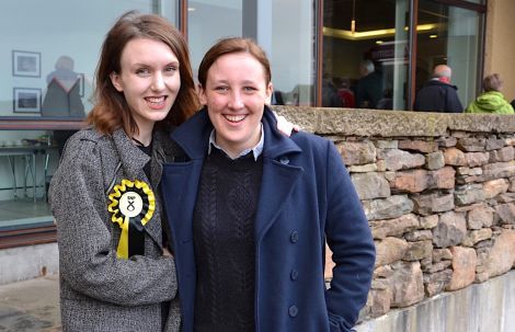 The SNP's Northern Isles candidate Miriam Brett and Mhairi Black, a high-profile party figure who became the UK's youngest MP since 1832 two years ago, pictured outside the Shetland Museum and Archives before Tuesday night's Q&A sessions. Photo: Shetland News/Neil Riddell