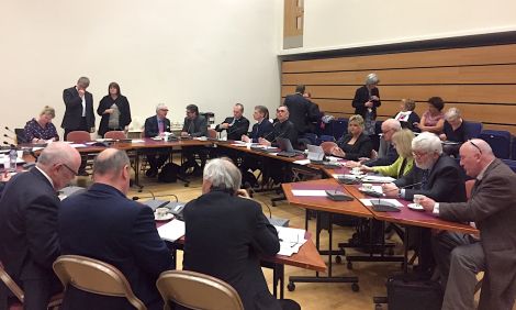 Newly elected councillors gather at the museum's auditorium for their first meeting. Photo: Shetland News