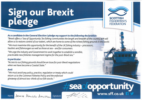 The SFF's Brexit pledge, as signed by Tory candidate James Halcro Johnston.