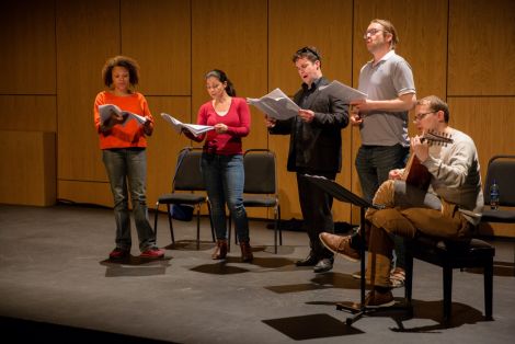 The Dunedin Consort madrigals during rehearsals prior to their Friday night concert at Mareel. Photo: Jenny Leask.