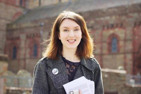 Miriam Brett on the campaign trail outside St Magnus Cathedral in Kirkwall.