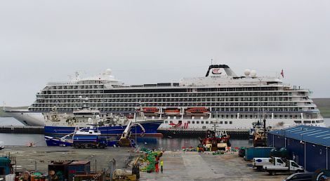 The Viking Star is the first cruise liner to berth at Lerwick Port Authority's new Mair's Pier on Monday morning. Photo: Chris Cope/Shetland News