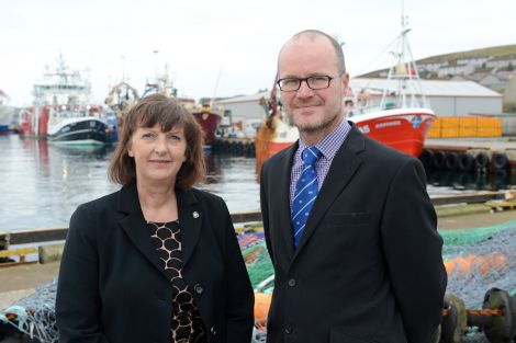 Lerwick Port Authority chief executive Sandra Laurenson with David Nicolson of the Bank of Scotland during the launch of the project in October 2014. Photo: Lerwick Port Authority