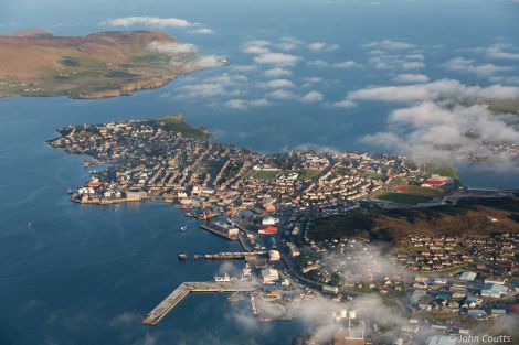 A spectacular aerial view of the (almost) completed pier, the whole of Lerwick as well as Bressay. Photo: John Coutts