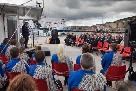 Guests at the inauguration during an address by LPA chairman Brian Anderson. Pictured in the foreground are members of local fiddle ensemble Hjaltibonhoga. Photo: John Coutts.