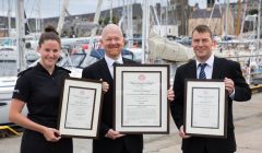 Pictured with their awards, from left to right, are police sergeant Victoria Duthie, LPA port controller Ryan Leith and local musician Maurice Henderson.