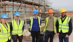 Shetland Islands Council’s adult services manager Clare Scott, councillor Allison "Flea" Duncan, Nick Brett from Richard Gibson Architects, Karl Bolt from DITT and project manager Colin Petrie. Photo: Chris Cope/Shetland News.