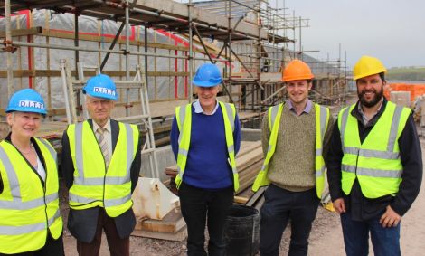 Shetland Islands Council’s adult services manager Clare Scott, councillor Allison "Flea" Duncan, Nick Brett from Richard Gibson Architects, Karl Bolt from DITT and project manager Colin Petrie. Photo: Chris Cope/Shetland News.