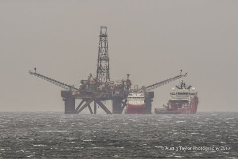 The Buchan Alpha arrived off Bressay on Thursday morning after being towed by three tugs. Photo: Austin Taylor